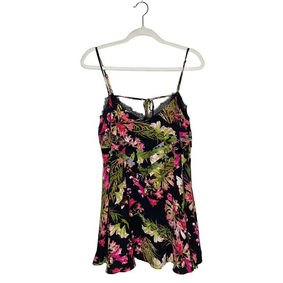 Lovers + Friends Floral Bahia Babydoll Dress Size Medium Lace Trim Black V-back - Picture 2 of 10